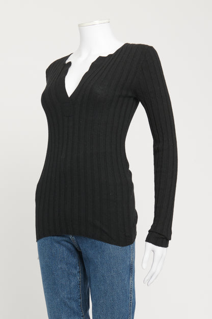 Black Wool Blend Preowned Knitted Top With Deep V Neck
