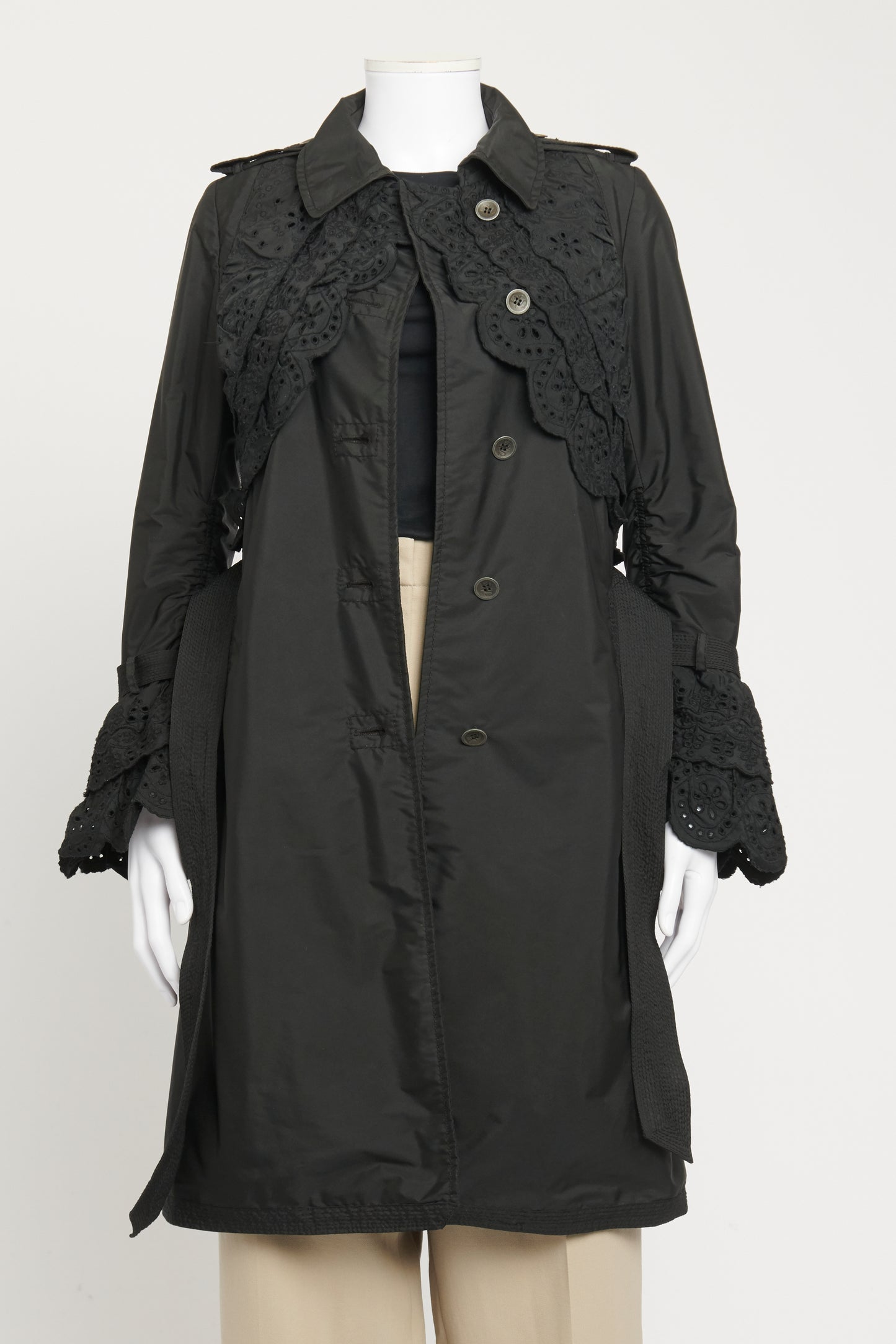 Black Preowned Coat With Crochet Details