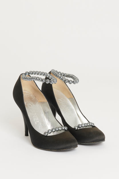 2005 Black Satin Preowned Faux-Pearl Ankle Cuff Pumps