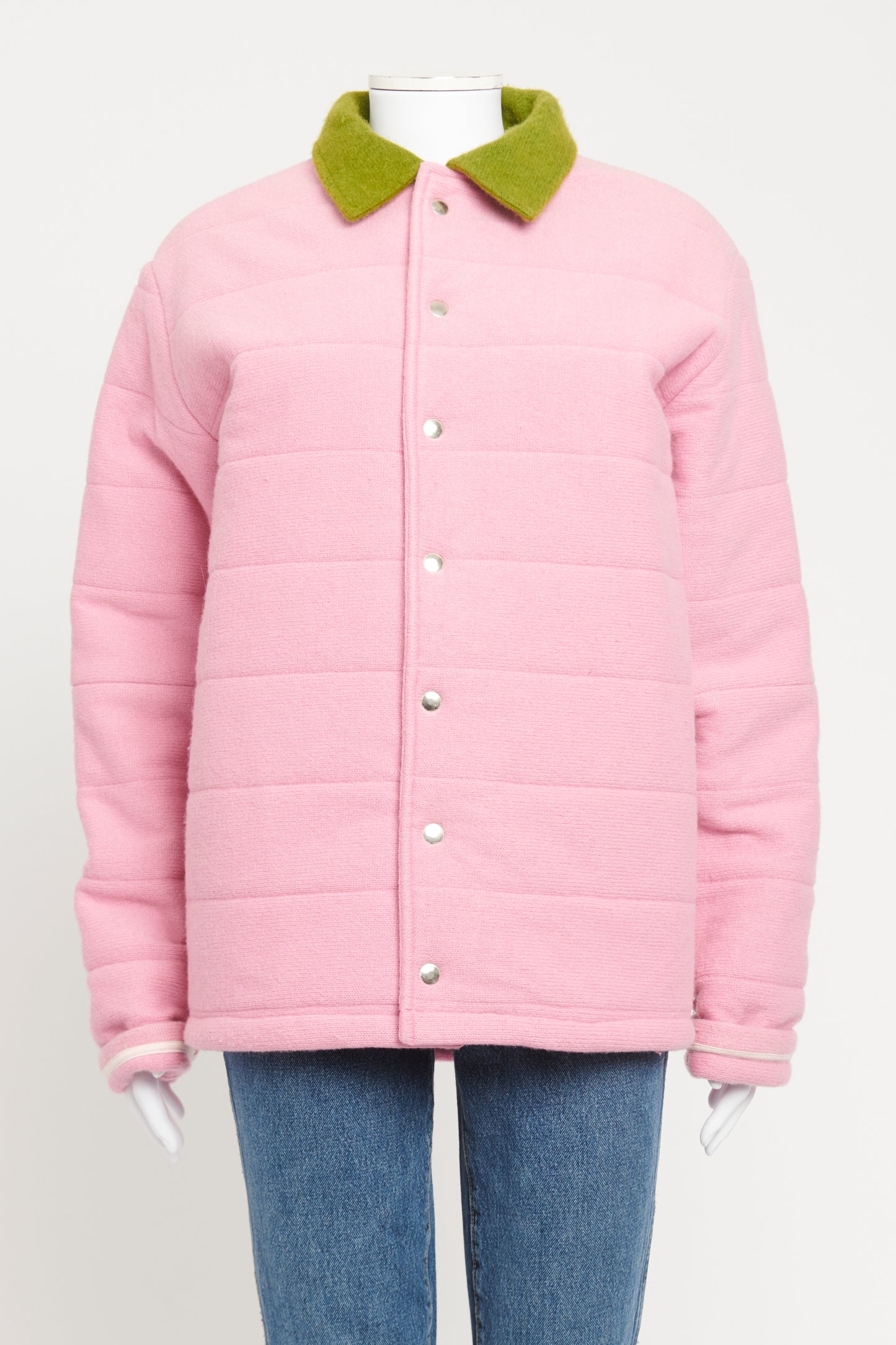 Pink Wool Blend Preowned Jacket With Green Collar