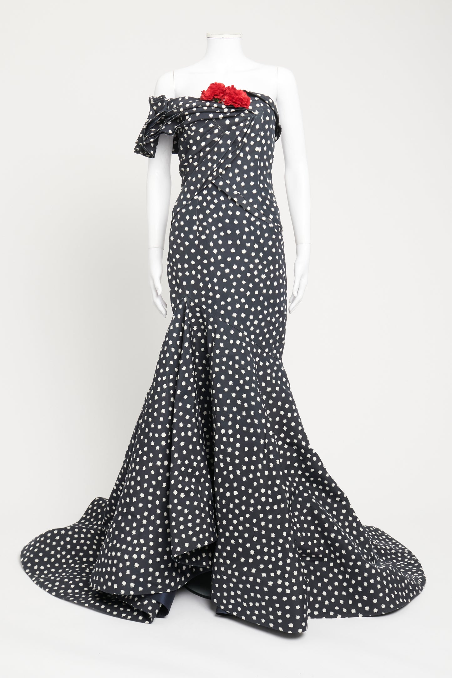 2012 Navy Silk Preowned One Shoulder Polka Dol Gown