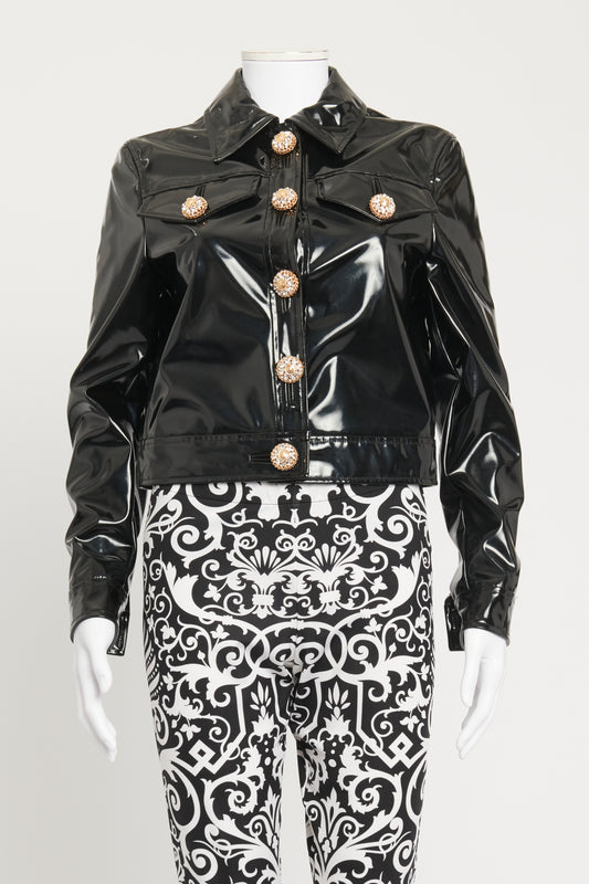 Black Shiny Preowned Jacket With Jewel Buttons