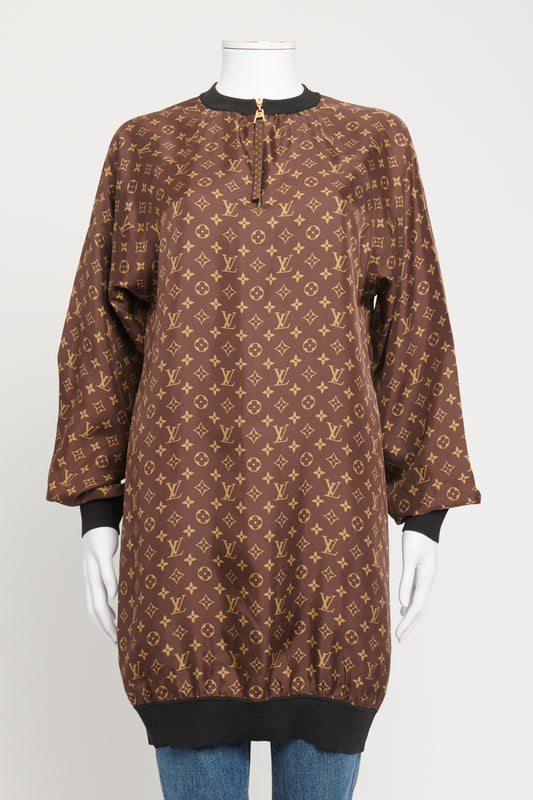Brown Silk Preowned Monogram Print Sweater Dress