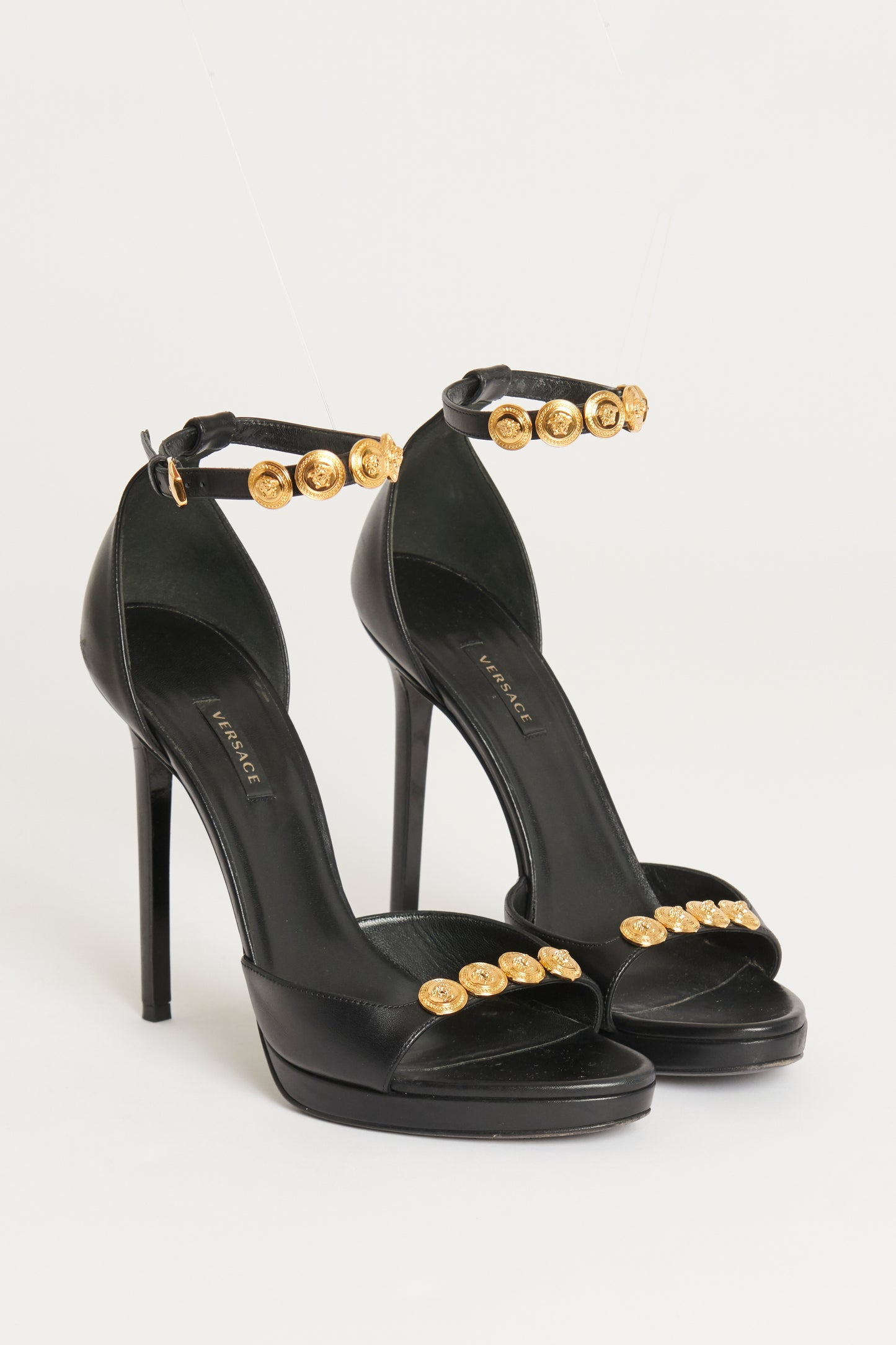 Black Leather Medusa Gold Stud Preowned Heel