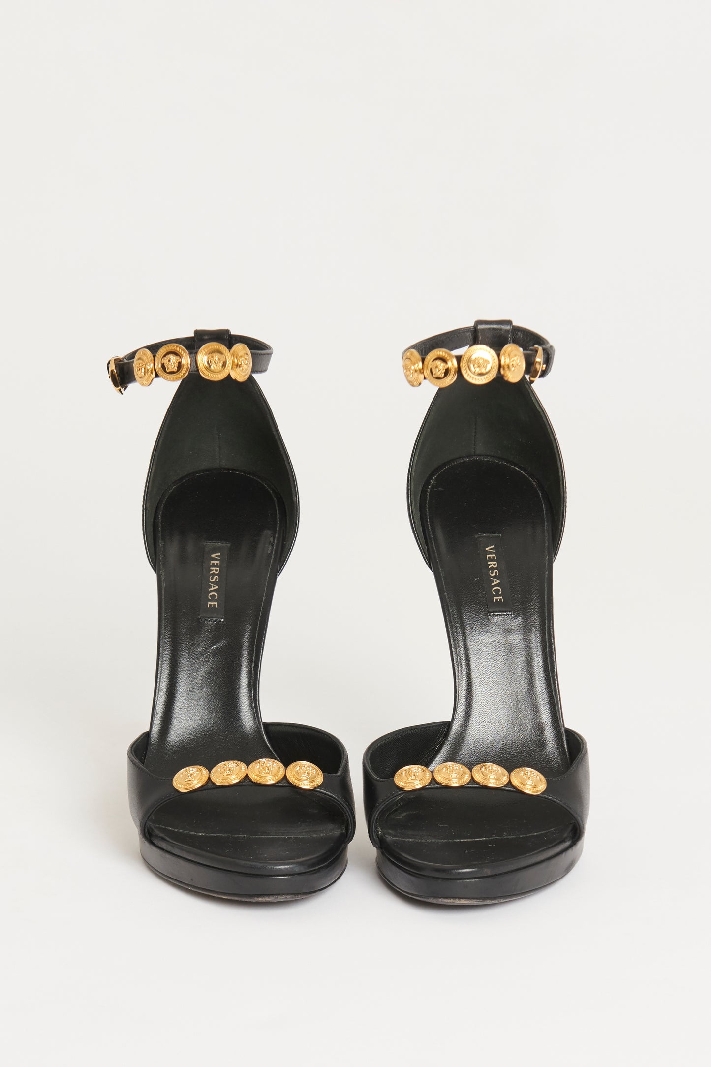 Black Leather Medusa Gold Stud Preowned Heel