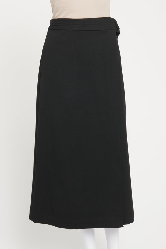 Black Wool Belted Preowned Midi Skirt