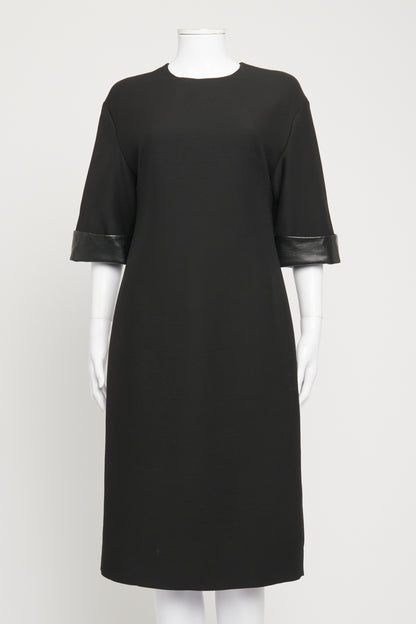Black Leather Cuff Sleeve Preowned Midi Dress