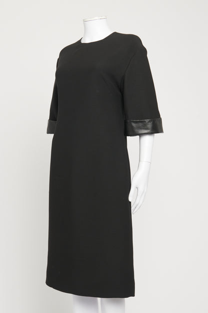 Black Leather Cuff Sleeve Preowned Midi Dress