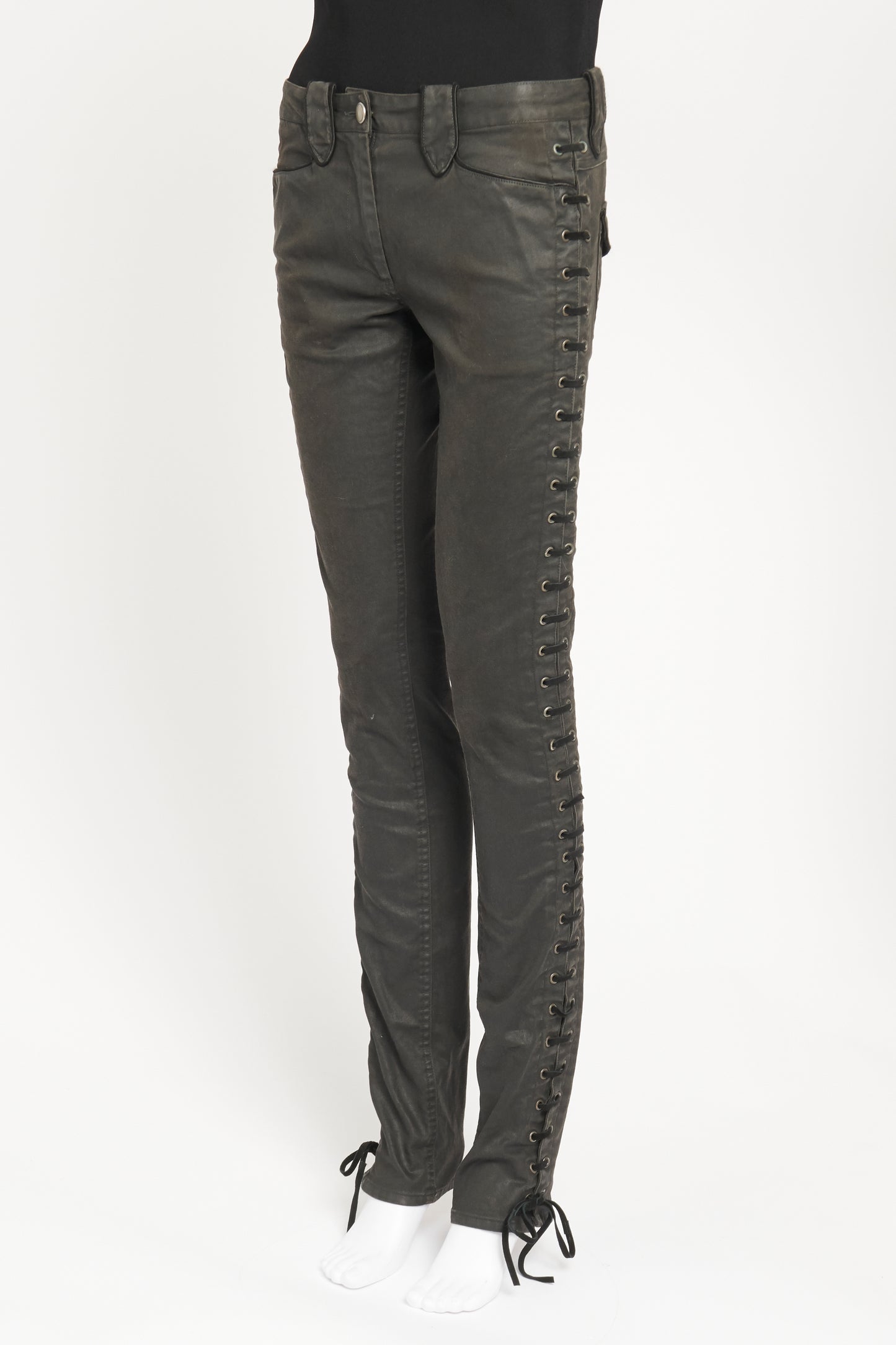 Black Wax Look Lace Sides Preowned Trousers