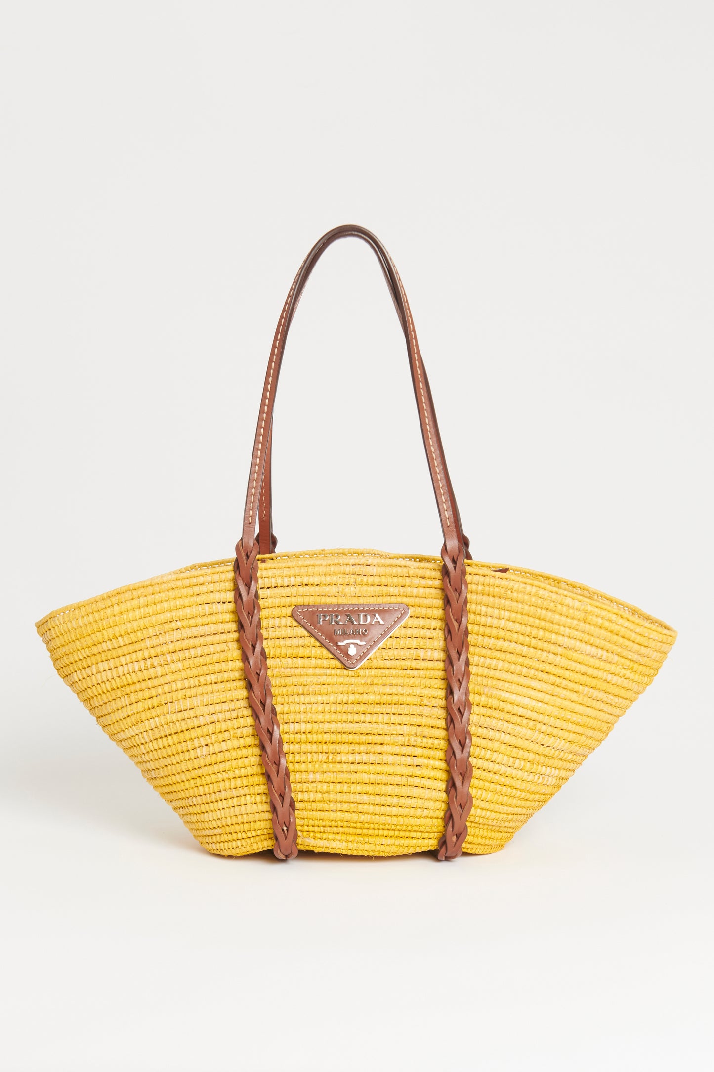 Yellow Straw & Leather Basket Tote