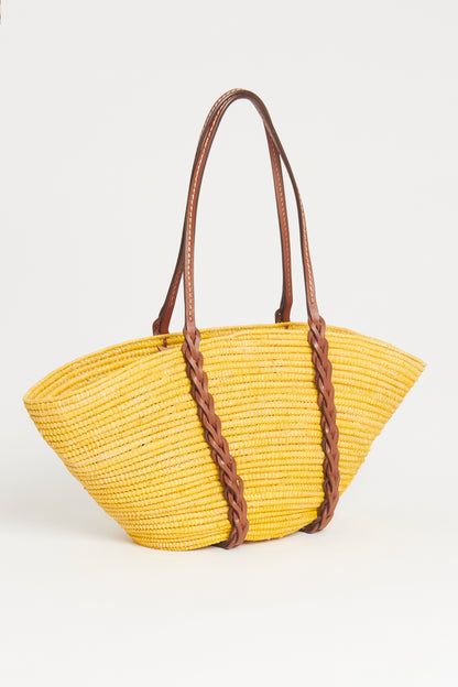 Yellow Straw & Leather Basket Tote