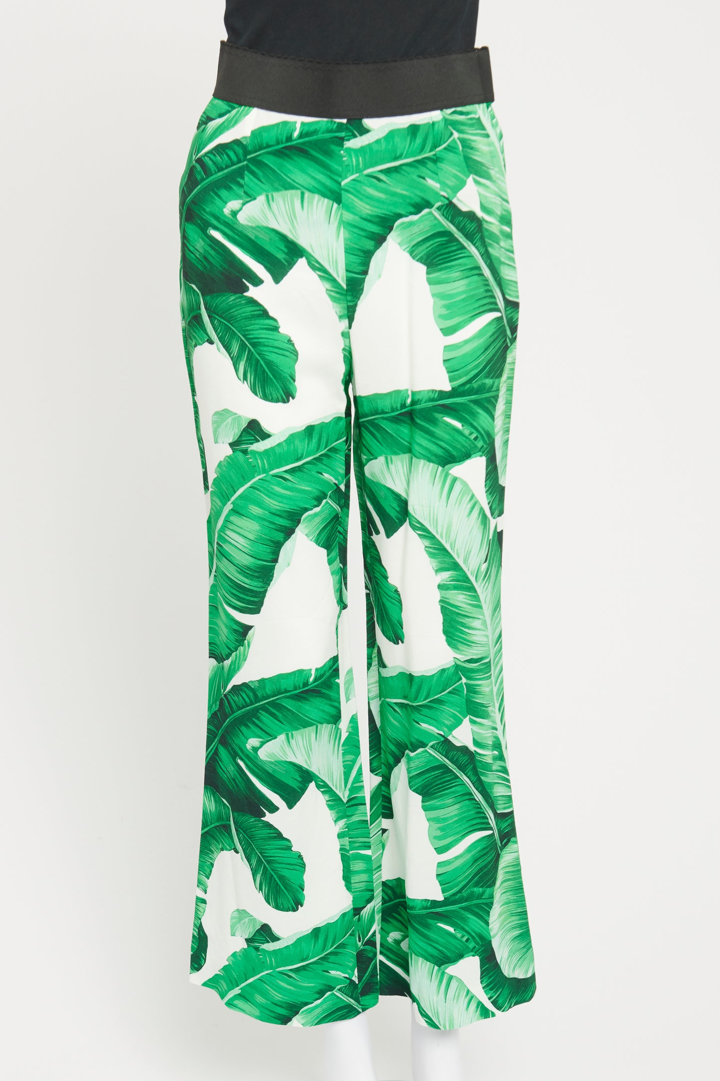 White Preowned Tropical Printed Trousers