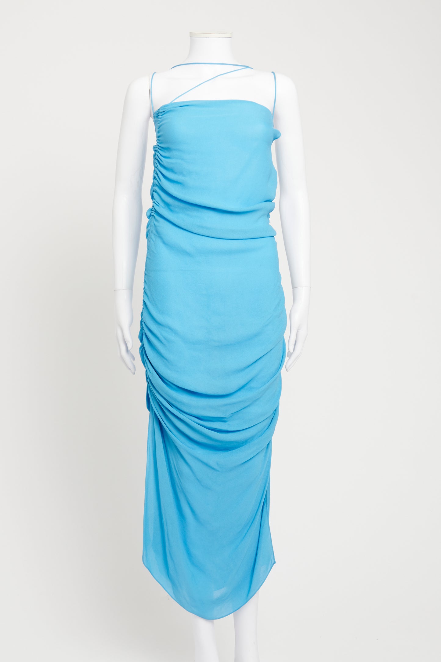 Blue Ruched Asymmetric Preowned Midi Dress