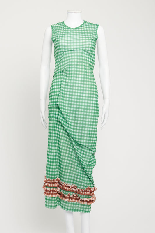 Green and White Checkered Sleeveless Preowned Midi Dress