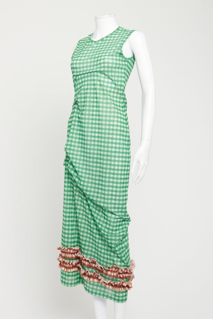Green and White Checkered Sleeveless Preowned Midi Dress