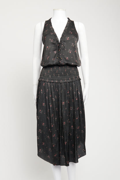 Black Preowned Lucille Tie Neck Floral Dress