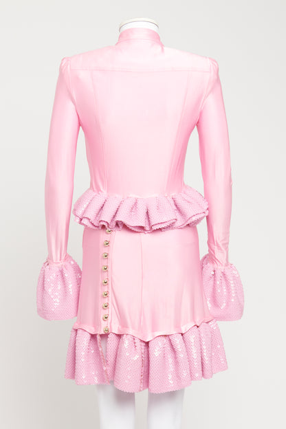 Shiny Ruched Jersey Skirt Set W/ Ruffles In Pink