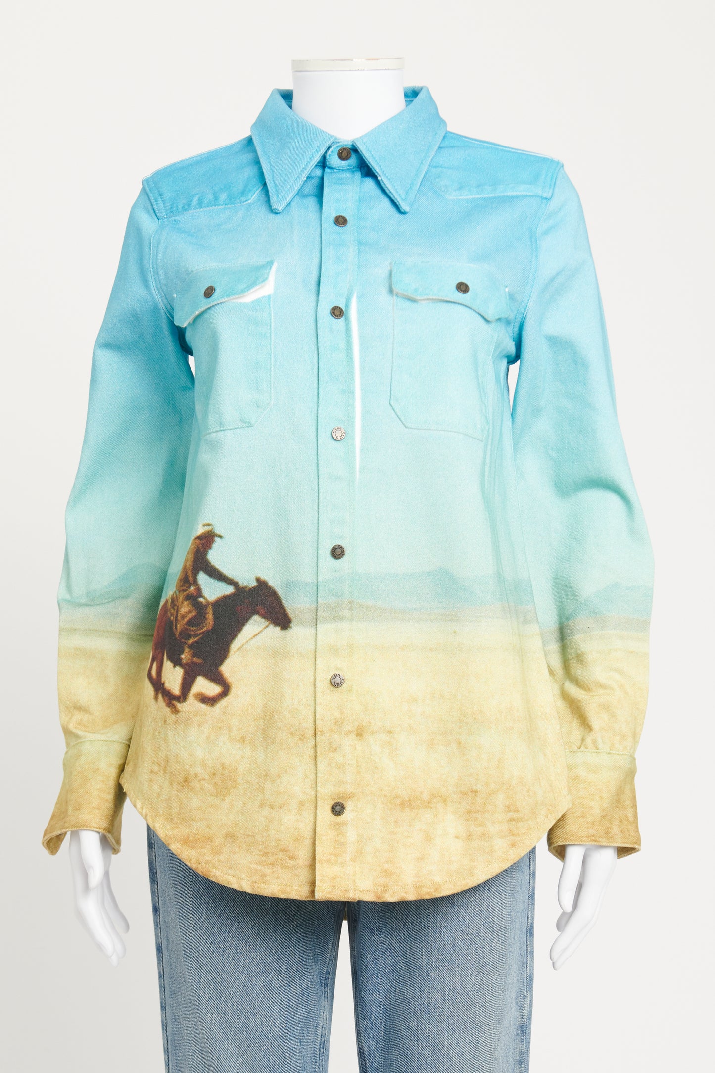 Watercolor Preowned Western Scene Denim Shirt Jacket
