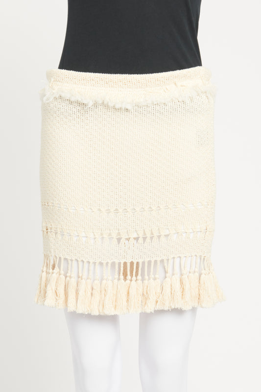 Cream Knit Preowned Skirt With Tassel Trim