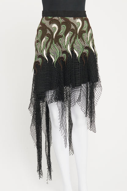 Black Preowned Paneled Crochet/Tulle Asymmetrical Skirt