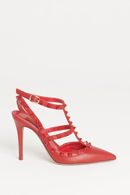 Red Leather Preowned Monochrome Rockstud Heeled Sandals