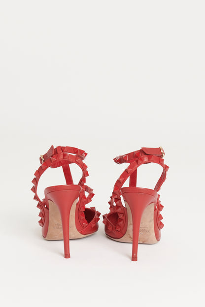 Red Leather Preowned Monochrome Rockstud Heeled Sandals