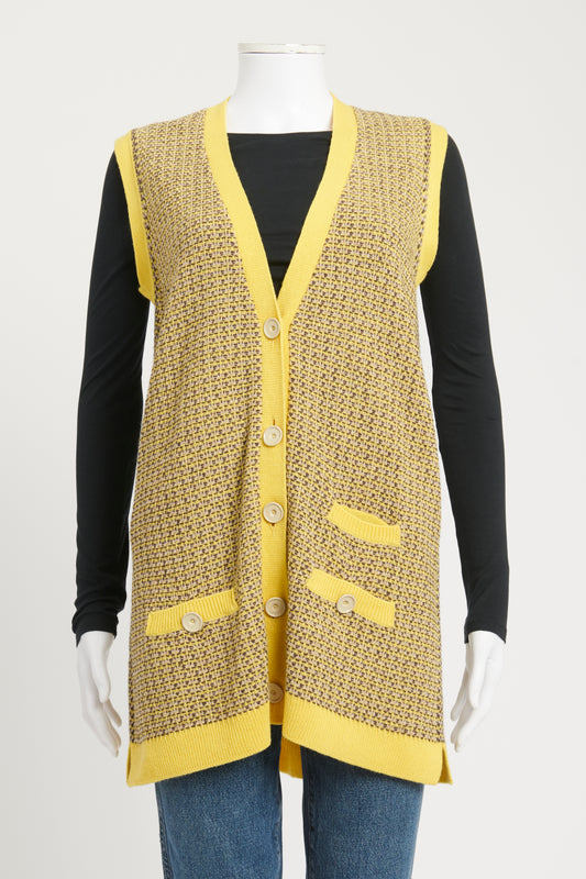 Yellow Patterned Wool Preowned Sleeveless Cardigan