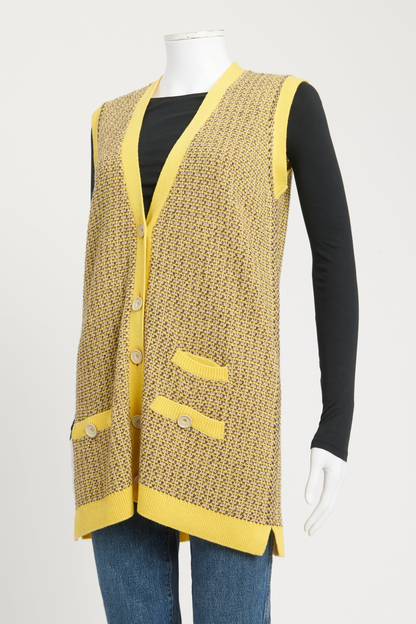 Yellow Patterned Wool Preowned Sleeveless Cardigan