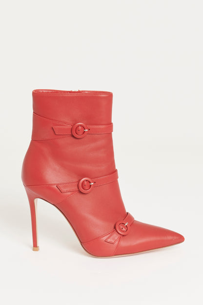 Red Leather Buckle Preowned Stiletto Ankle Boots