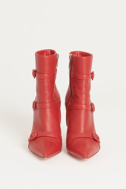 Red Leather Buckle Preowned Stiletto Ankle Boots