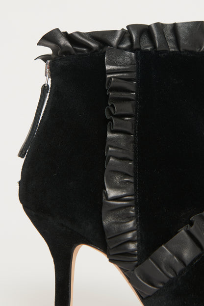 Black Velvet Leather Trim Detail Ankle Preowned Heel Boots