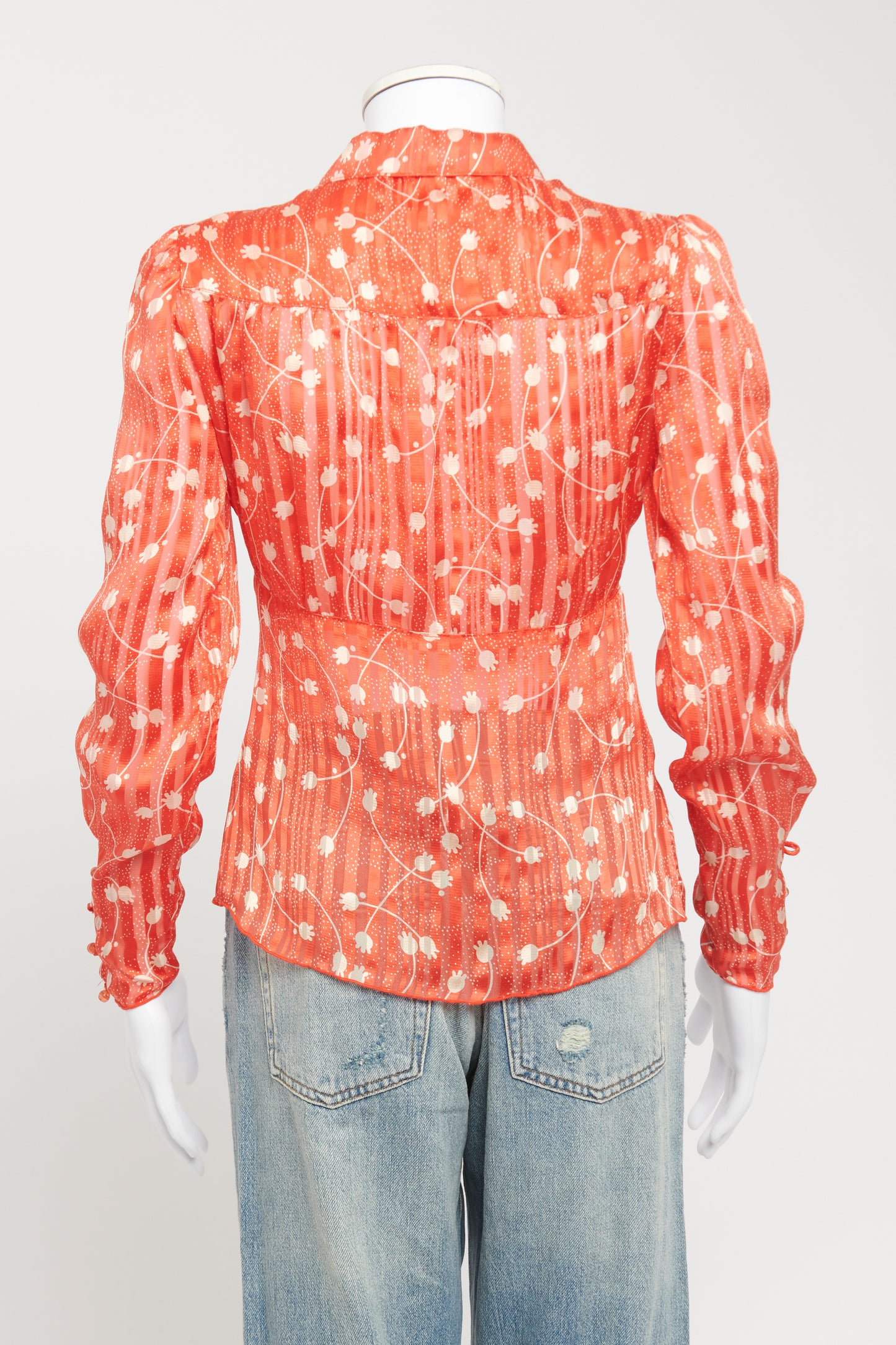 Red Floral Print Silk Preowned Shirt