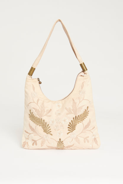 Blush Pink Embroidered Preowned Canvas Hobo Bag