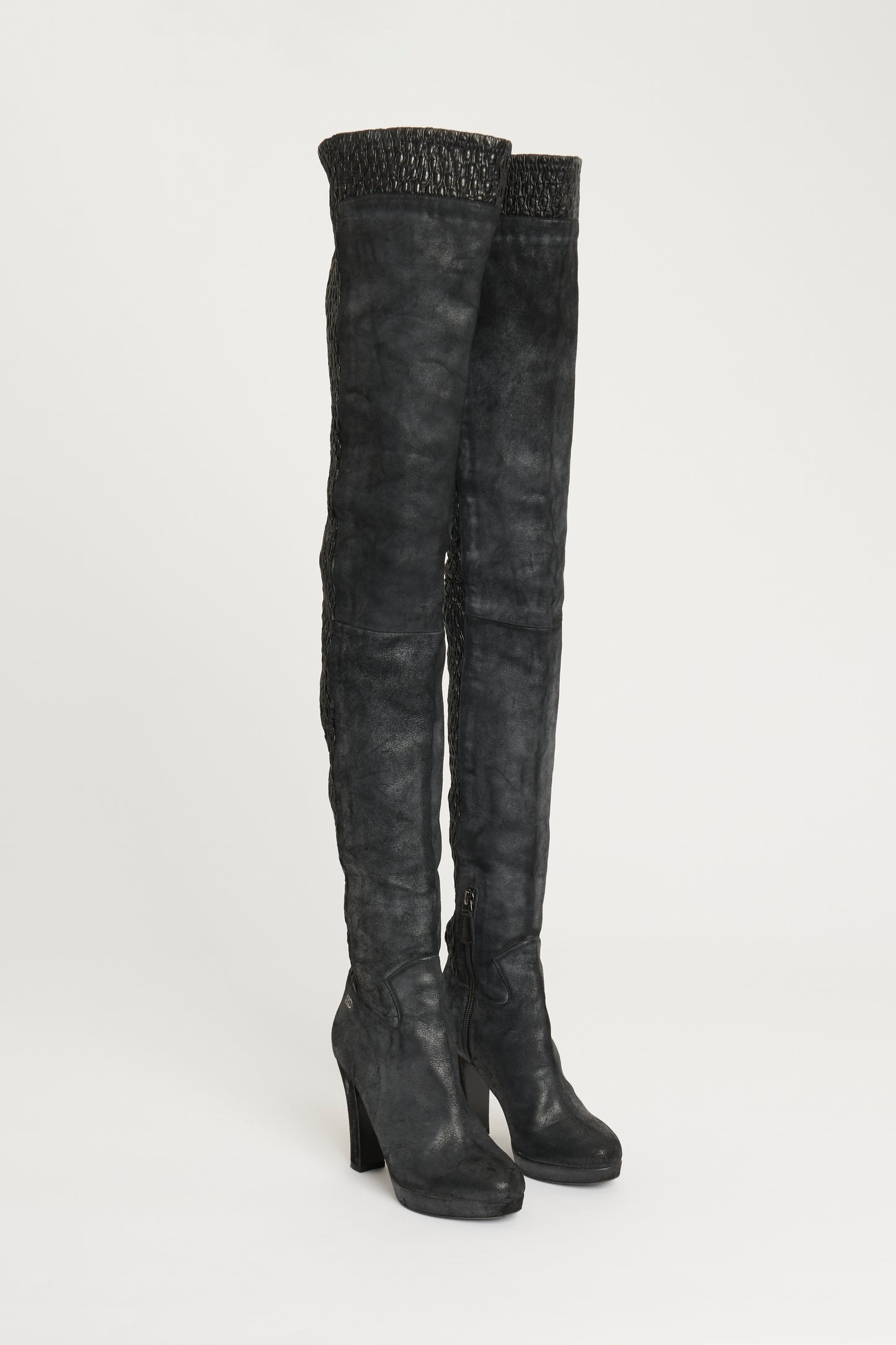 Anthracite Leather Preowned Thigh-High Boots