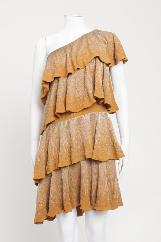 2006 Caramel Silk Beaded One Shoulder Preowned Dress