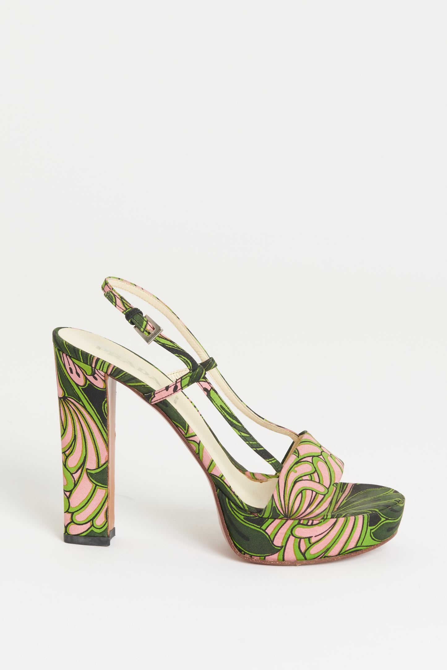 Pink and Green Leaf Canvas Preowned Block Heel