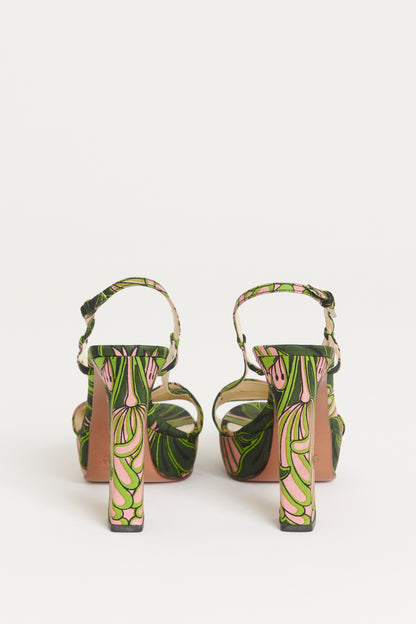 Pink and Green Leaf Canvas Preowned Block Heel