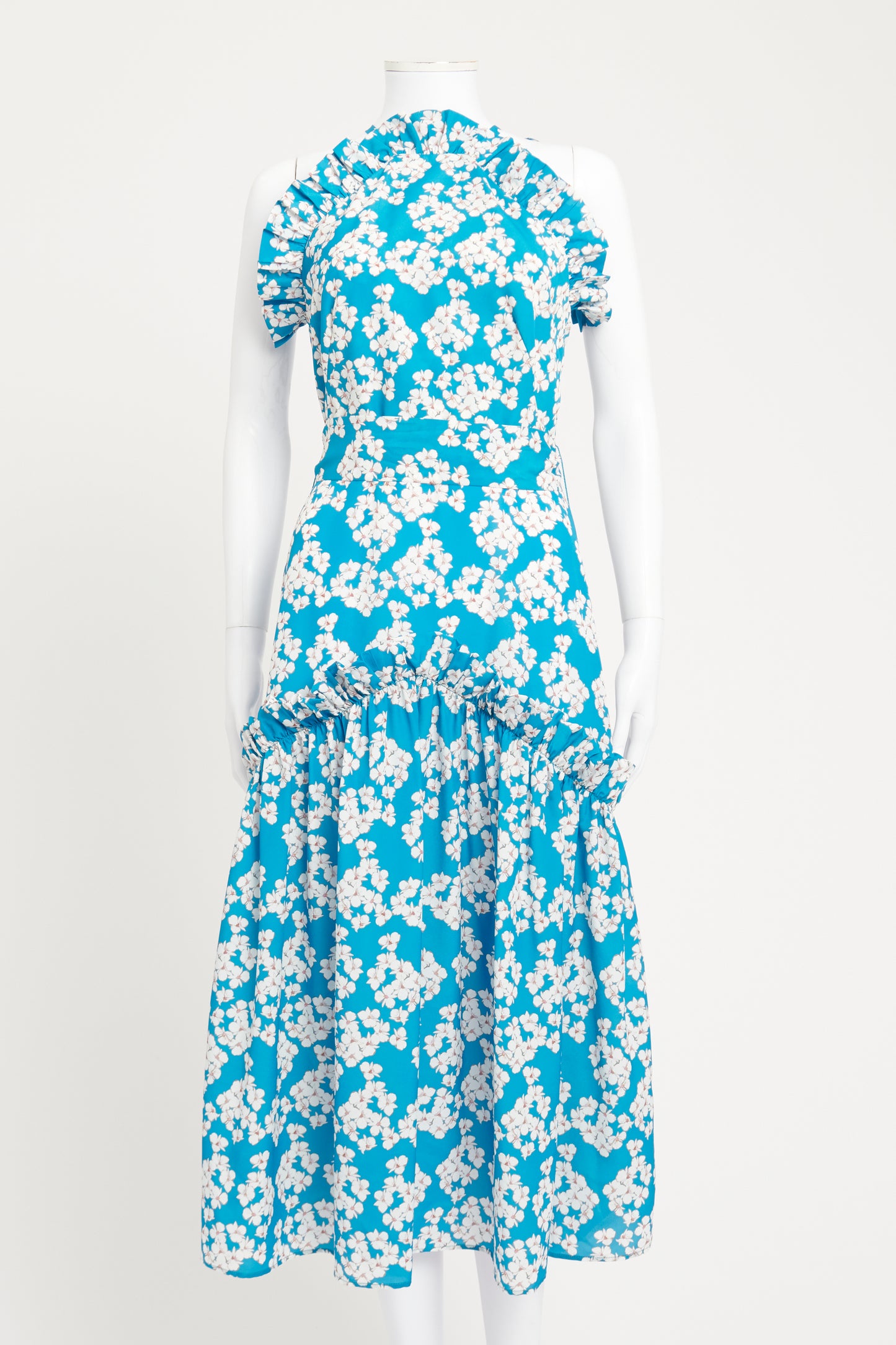 Blue and White Floral Print Preowned Midi Dress