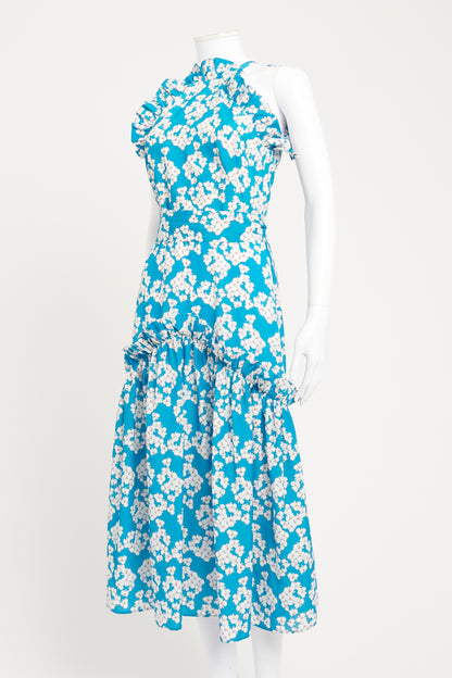 Blue and White Floral Print Preowned Midi Dress