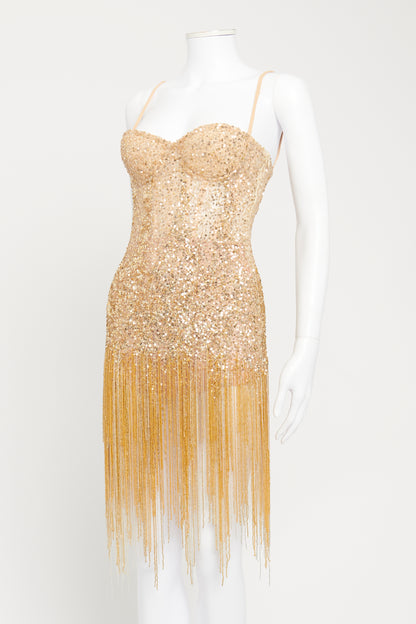 Spring 2004 Runway Gold Fringe Sequin Preowned Mini Dress