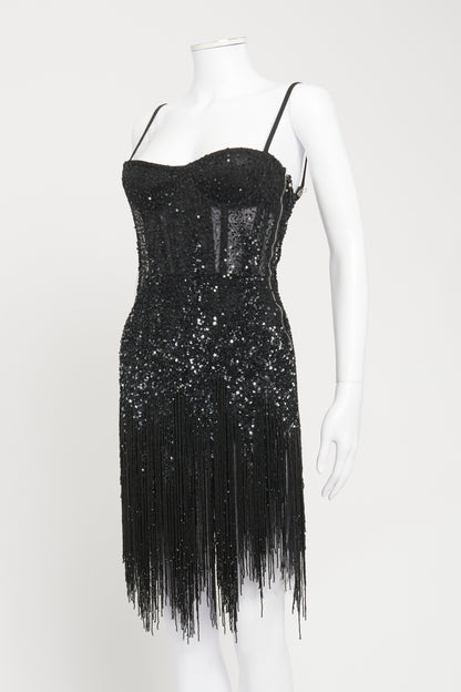 2004 Black Sequin Fringe Preowned Mini Dress