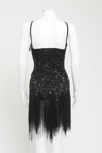 2004 Black Sequin Fringe Preowned Mini Dress