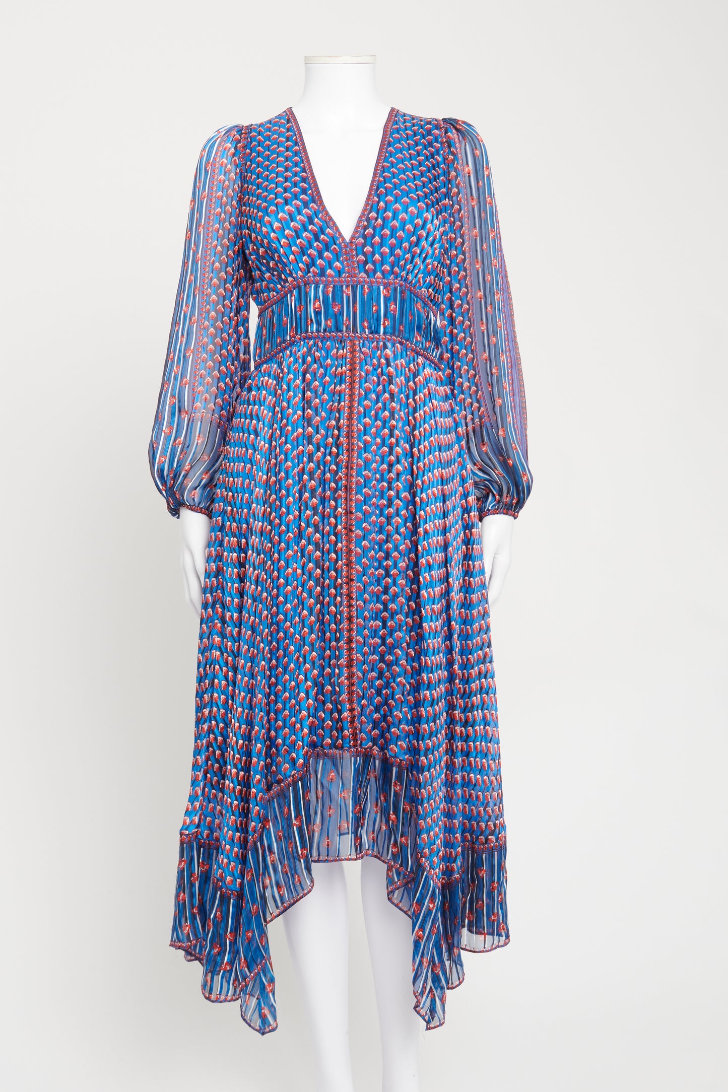 Red and Blue Silk Print Preowned Dress