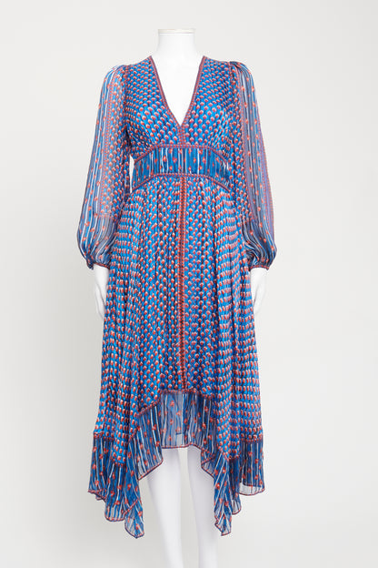 Red and Blue Silk Print Preowned Dress