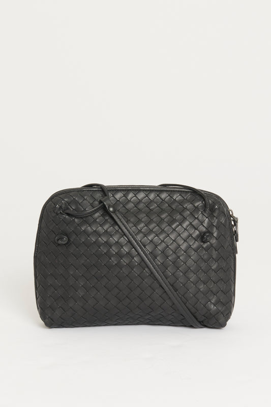 Black Leather Preowned Intrecciato Nodini Crossbody Bag