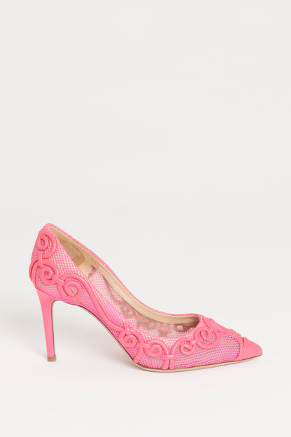 Pink Fishnet Scroll Detail Preowned Heels