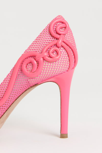 Pink Fishnet Scroll Detail Preowned Heels