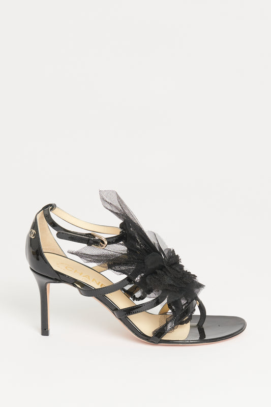 Black Patent Leather Mesh Flower Preowned Pumps