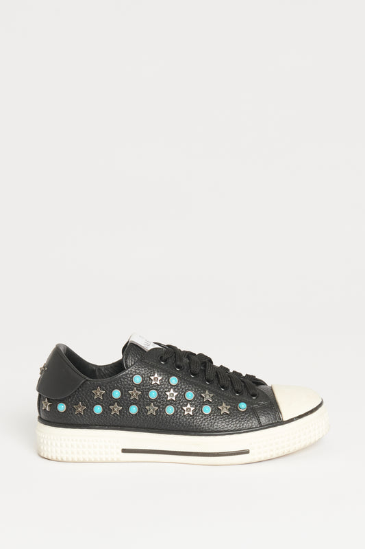 Black Leather Star Studded Preowned Sneakers