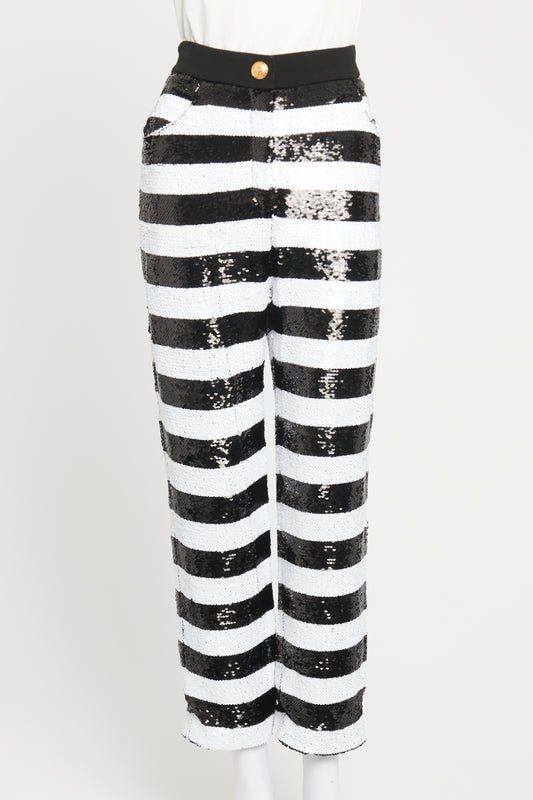 Black and White Striped Sequin Preowned Trousers